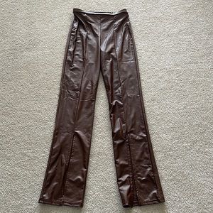 Slit leg faux leather dark brown pants